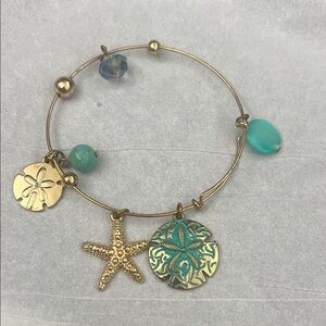 Gold Sand Dollar & Starfish Charm Bangle with Teal Accent Bead